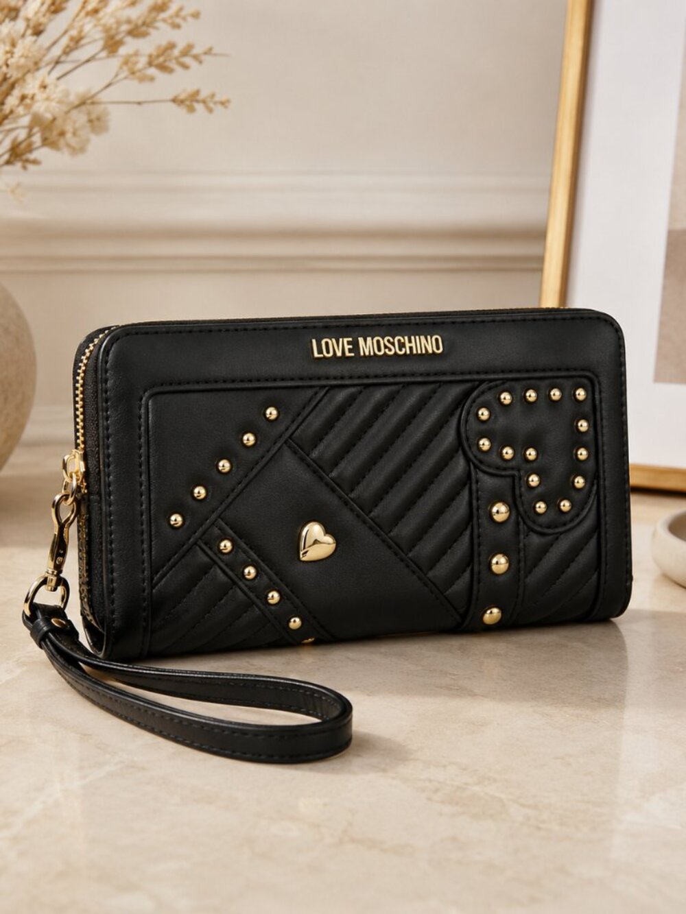 Love Moschino Black Quilted Studded Heart Zip Around Wallet NWT